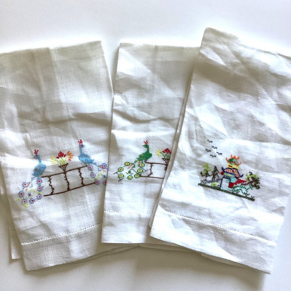 3 Vintage Embroidered Arm Chair Backs White Cotton Linen Table Runners